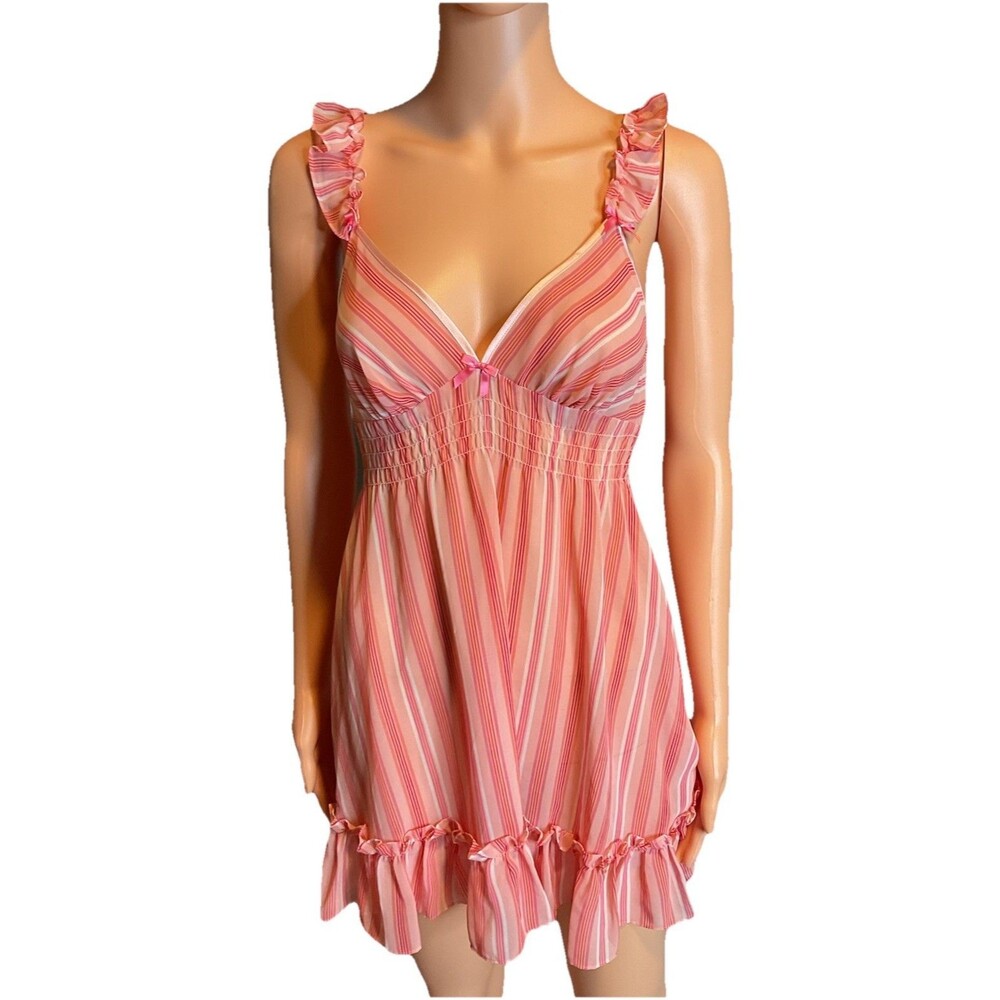 Betsey Johnson Womens Intimate Mesh Babydoll Pink Nightgown With Bow Rare Small